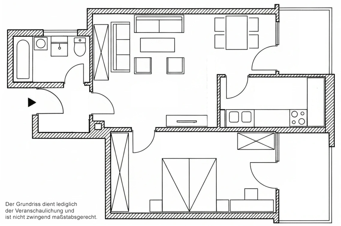 Grundriss 2-Zimmer-Wohnung Bogenhausen Grundriss der 2-Zimmer-Wohnung Bogenhausen, St. Emmeram